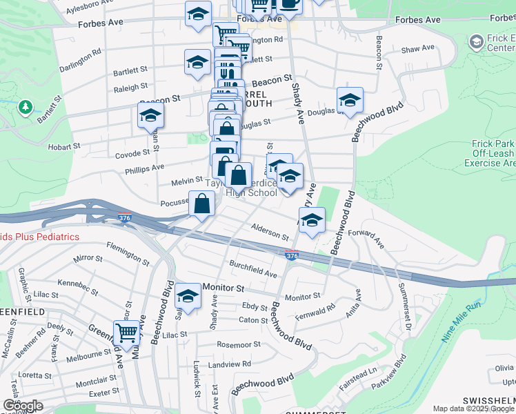 map of restaurants, bars, coffee shops, grocery stores, and more near Shady Avenue & Forward Avenue in Pittsburgh