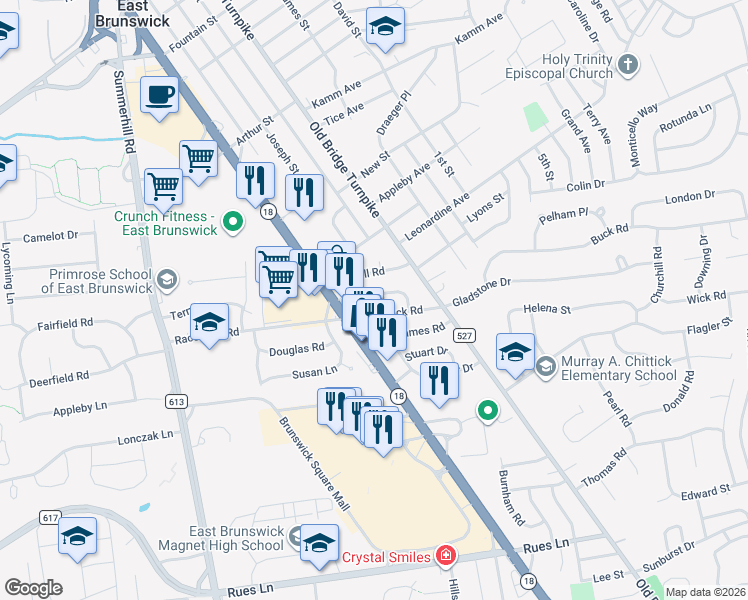 map of restaurants, bars, coffee shops, grocery stores, and more near 18 Rodney Road in East Brunswick