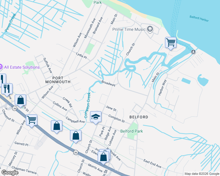 map of restaurants, bars, coffee shops, grocery stores, and more near 24 Broadway in Middletown Township
