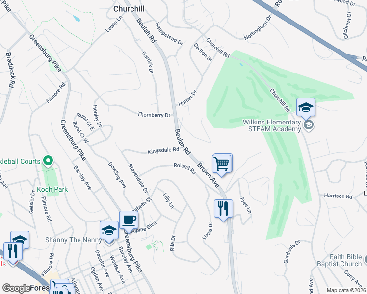 map of restaurants, bars, coffee shops, grocery stores, and more near Beulah Road in Allegheny