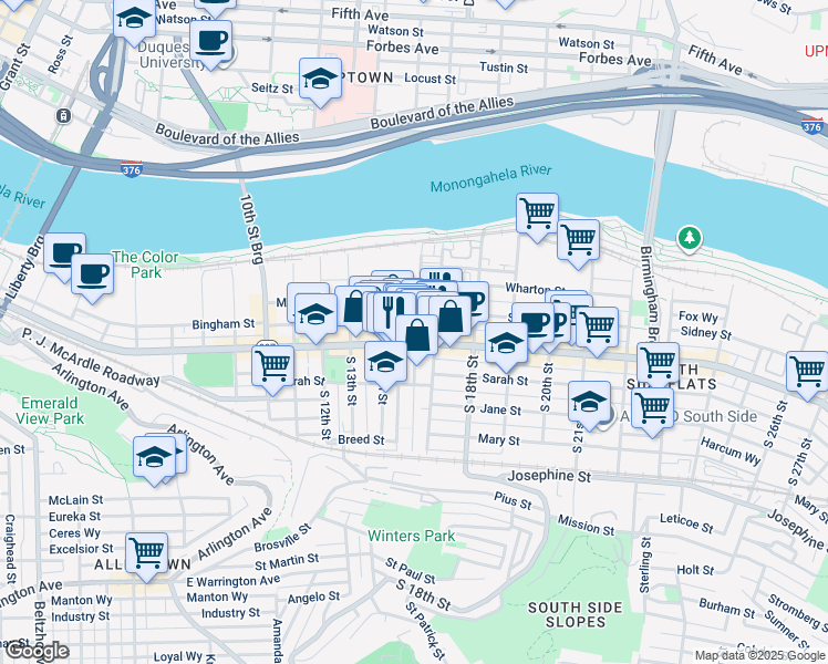 map of restaurants, bars, coffee shops, grocery stores, and more near 84 South 16th Street in Pittsburgh