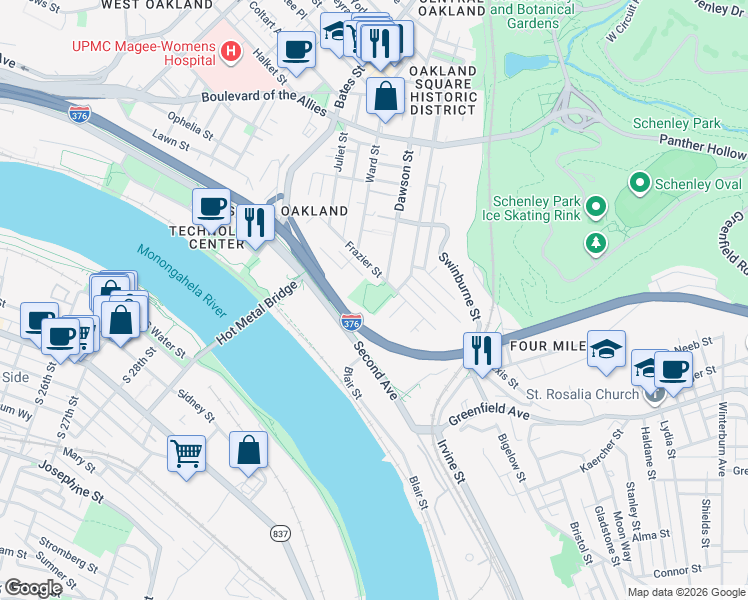 map of restaurants, bars, coffee shops, grocery stores, and more near 3638 Frazier Street in Pittsburgh
