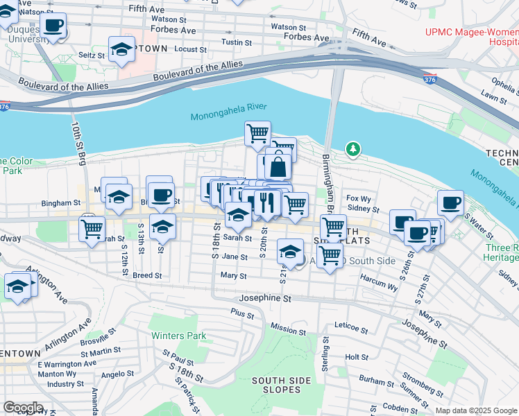 map of restaurants, bars, coffee shops, grocery stores, and more near 1910 Sidney Street in Pittsburgh