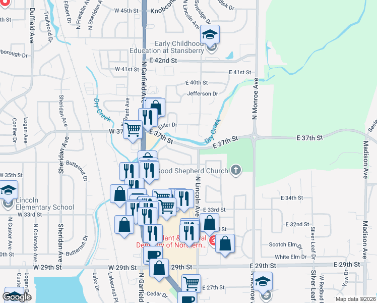 map of restaurants, bars, coffee shops, grocery stores, and more near 319 Reagan Drive in Loveland