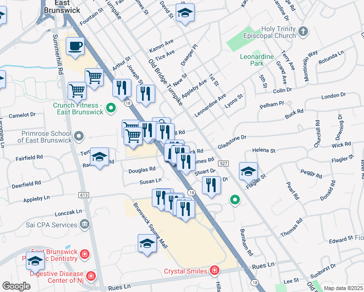 map of restaurants, bars, coffee shops, grocery stores, and more near 19 Rodney Road in East Brunswick