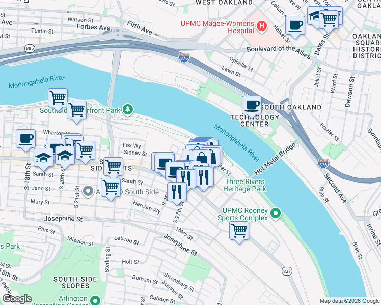 map of restaurants, bars, coffee shops, grocery stores, and more near 2626 South Tunnel Boulevard in Pittsburgh