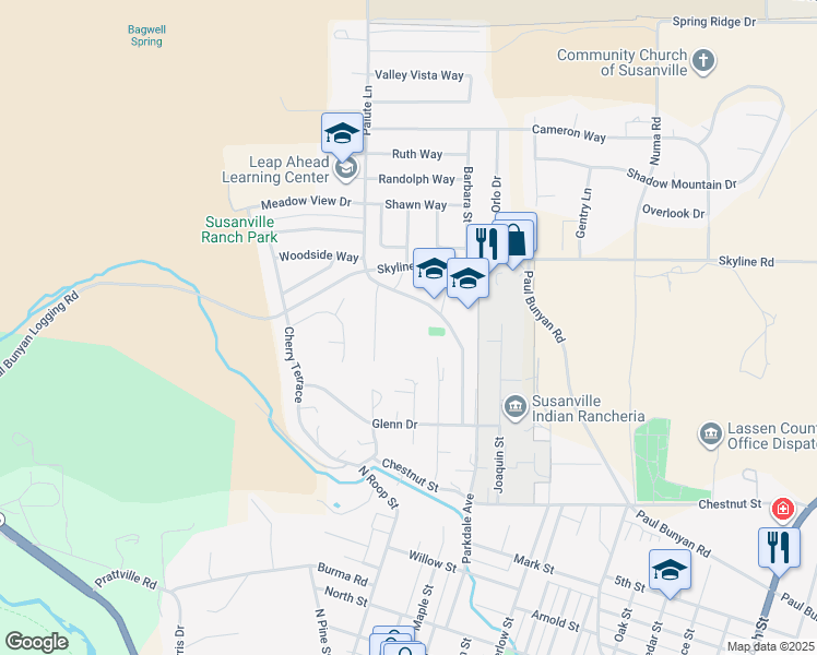 map of restaurants, bars, coffee shops, grocery stores, and more near 35 Renae Drive in Susanville