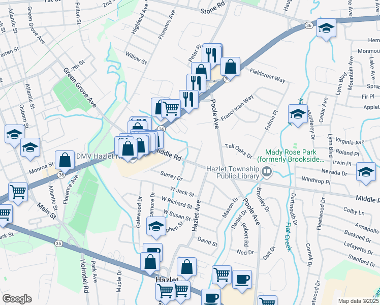 map of restaurants, bars, coffee shops, grocery stores, and more near 11 Carriage Road North in Hazlet
