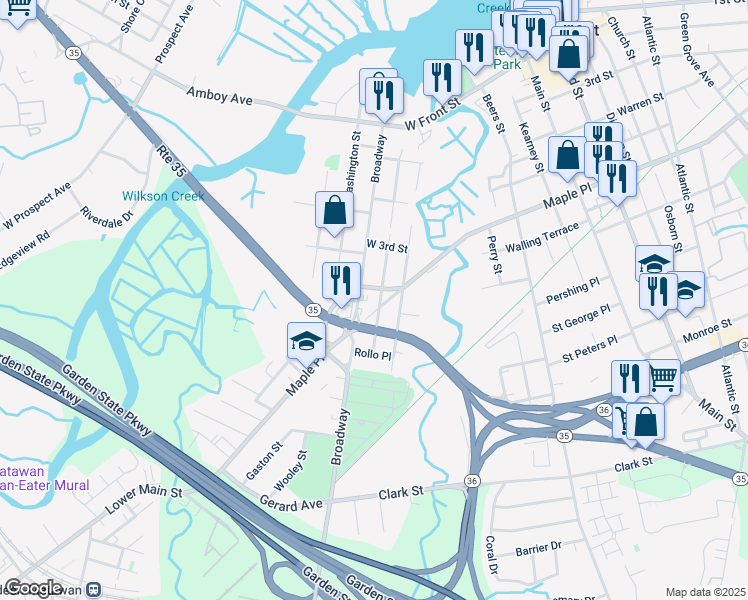 map of restaurants, bars, coffee shops, grocery stores, and more near 255 Maple Place in Keyport