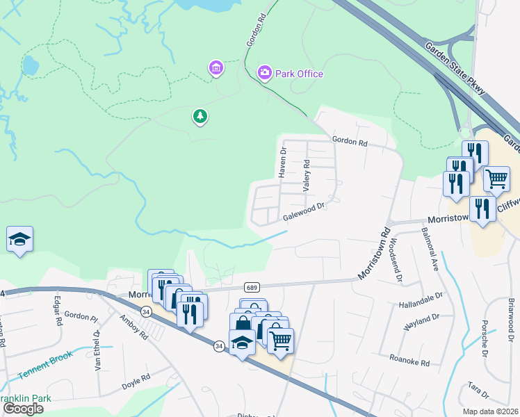 map of restaurants, bars, coffee shops, grocery stores, and more near 74 Haven Drive in Matawan