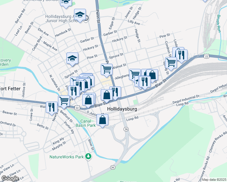 map of restaurants, bars, coffee shops, grocery stores, and more near 517 Mulberry Street in Hollidaysburg