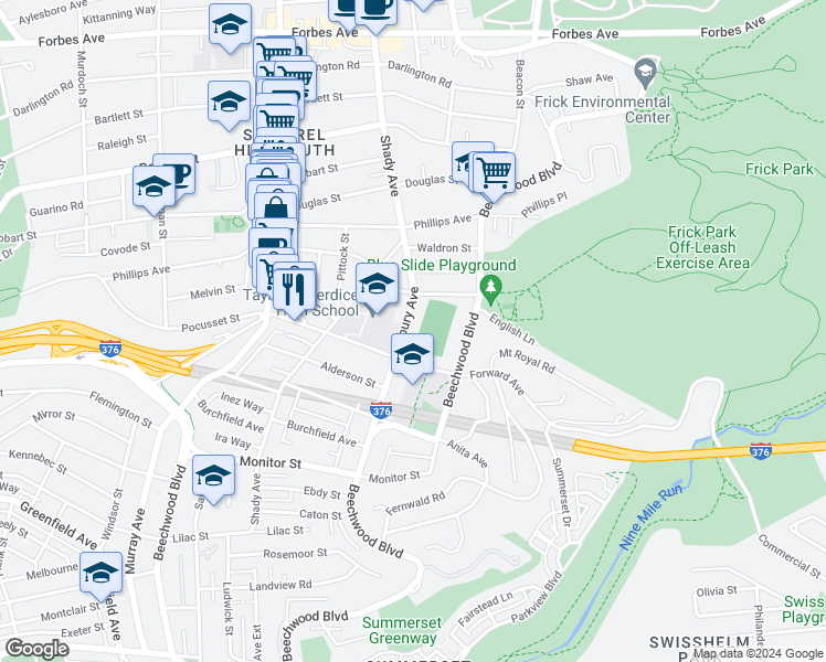 map of restaurants, bars, coffee shops, grocery stores, and more near 2350 Tilbury Avenue in Pittsburgh