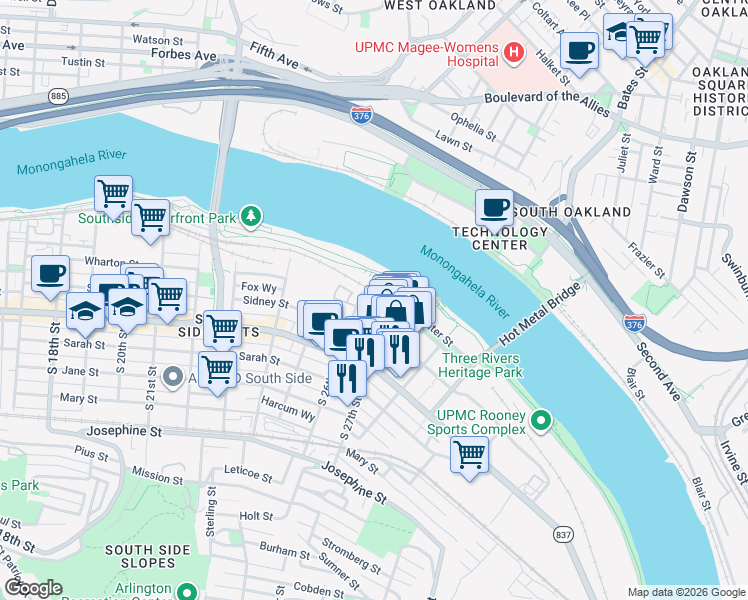 map of restaurants, bars, coffee shops, grocery stores, and more near 2626 South Tunnel Boulevard in Pittsburgh