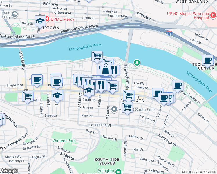 map of restaurants, bars, coffee shops, grocery stores, and more near 2012 Sidney Street in Pittsburgh