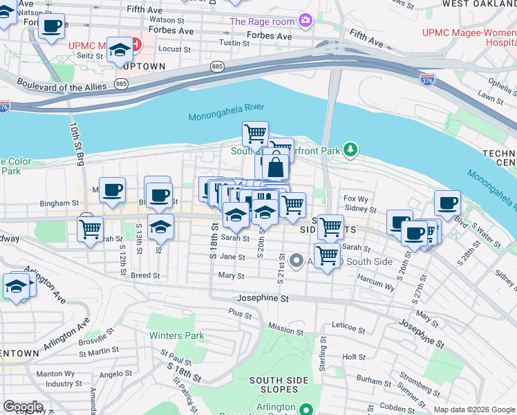 map of restaurants, bars, coffee shops, grocery stores, and more near 1910 Sidney Street in Pittsburgh