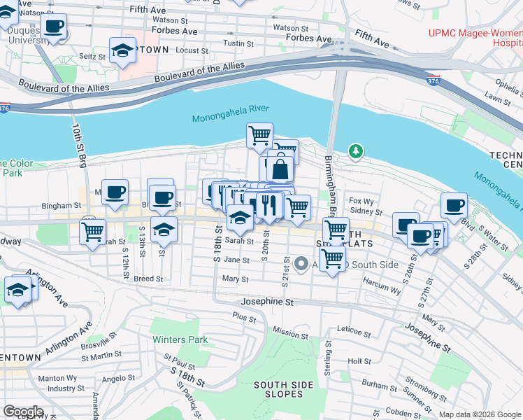 map of restaurants, bars, coffee shops, grocery stores, and more near 1910 Sidney Street in Pittsburgh