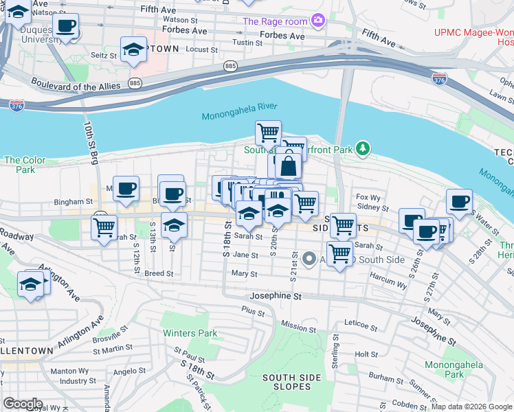 map of restaurants, bars, coffee shops, grocery stores, and more near 1910 Sidney Street in Pittsburgh