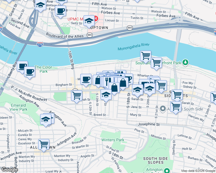 map of restaurants, bars, coffee shops, grocery stores, and more near 1511 Bingham Street in Pittsburgh