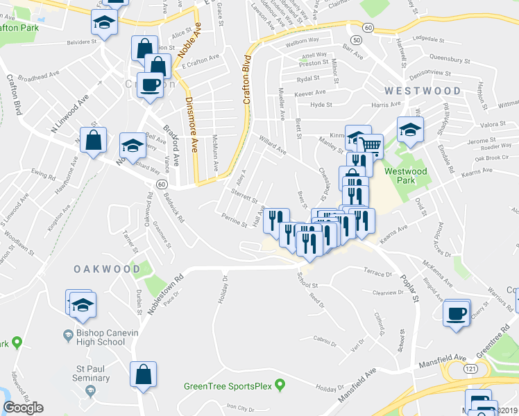 map of restaurants, bars, coffee shops, grocery stores, and more near 93 Sterrett Street in Pittsburgh