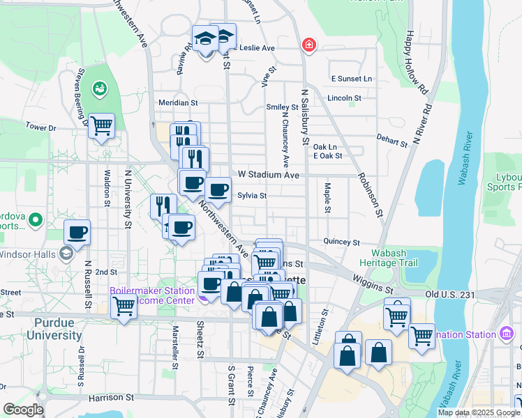 map of restaurants, bars, coffee shops, grocery stores, and more near 465 Vine Street in West Lafayette