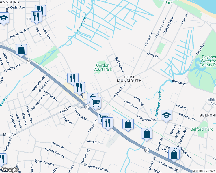 map of restaurants, bars, coffee shops, grocery stores, and more near 154 Main Street in Keansburg