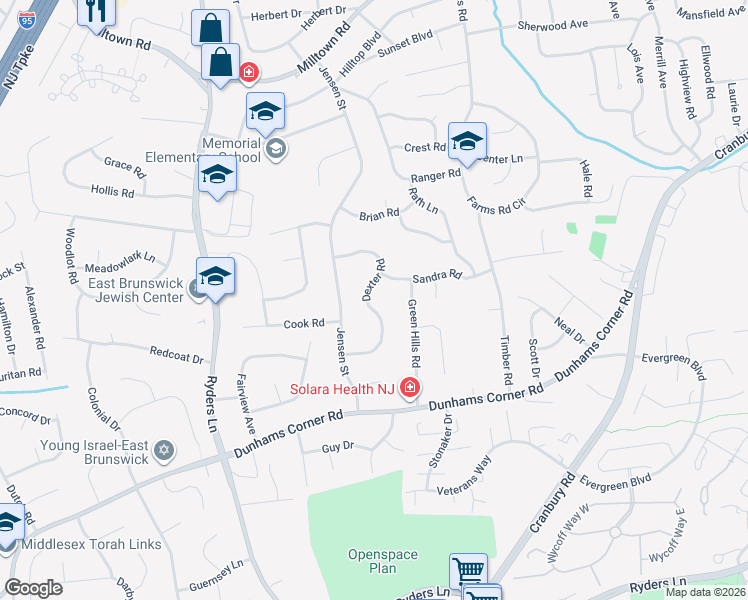 map of restaurants, bars, coffee shops, grocery stores, and more near 4 Sandra Road in East Brunswick