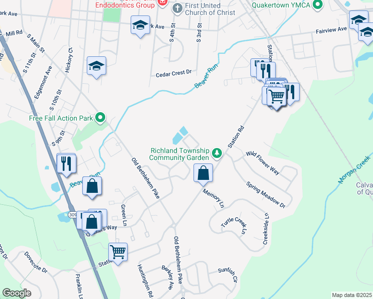 map of restaurants, bars, coffee shops, grocery stores, and more near 1372 Quakers Way in Quakertown