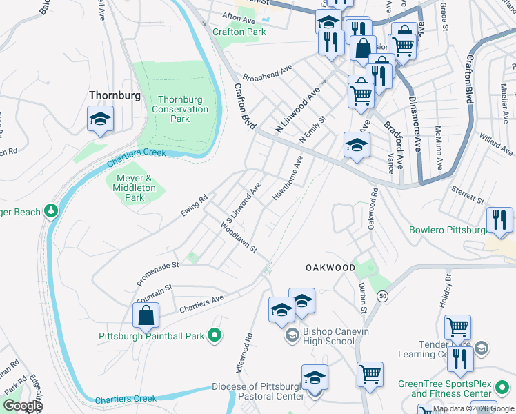 map of restaurants, bars, coffee shops, grocery stores, and more near 90 Hawthorne Avenue in Pittsburgh
