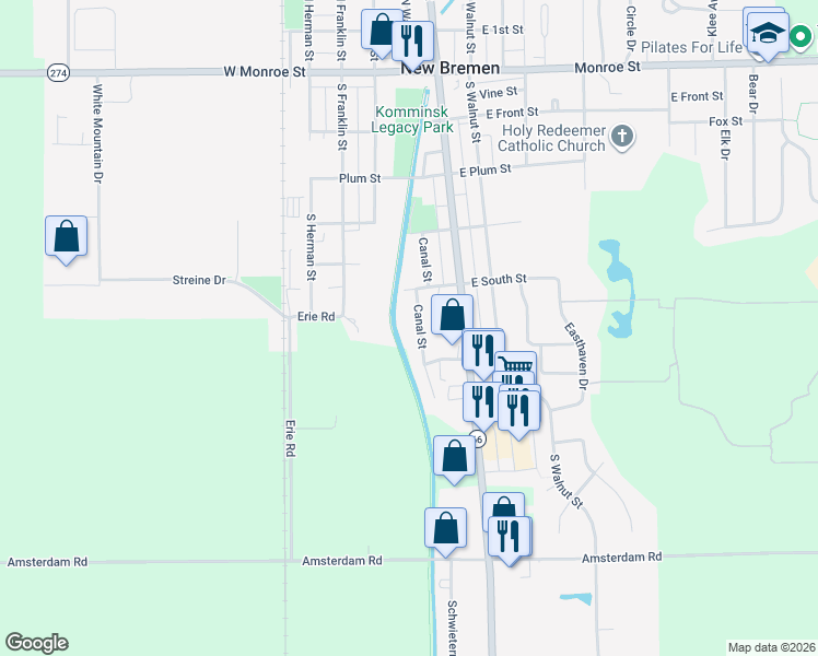 map of restaurants, bars, coffee shops, grocery stores, and more near 419 Canal Street in New Bremen
