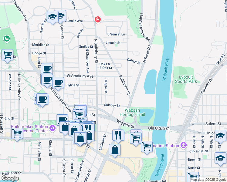 map of restaurants, bars, coffee shops, grocery stores, and more near 453 Littleton Street in West Lafayette