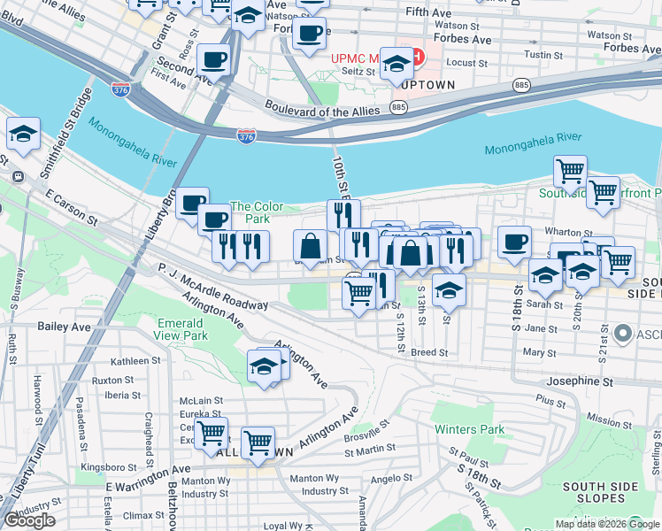 map of restaurants, bars, coffee shops, grocery stores, and more near 38 South 10th Street in Pittsburgh