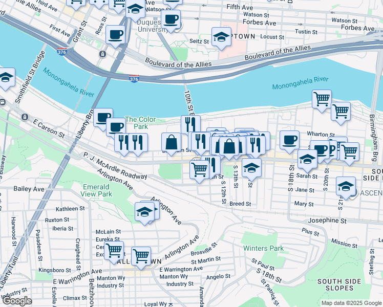 map of restaurants, bars, coffee shops, grocery stores, and more near 910 Bingham Street in Pittsburgh