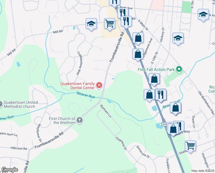 map of restaurants, bars, coffee shops, grocery stores, and more near 238 Trumbauersville Road in Quakertown