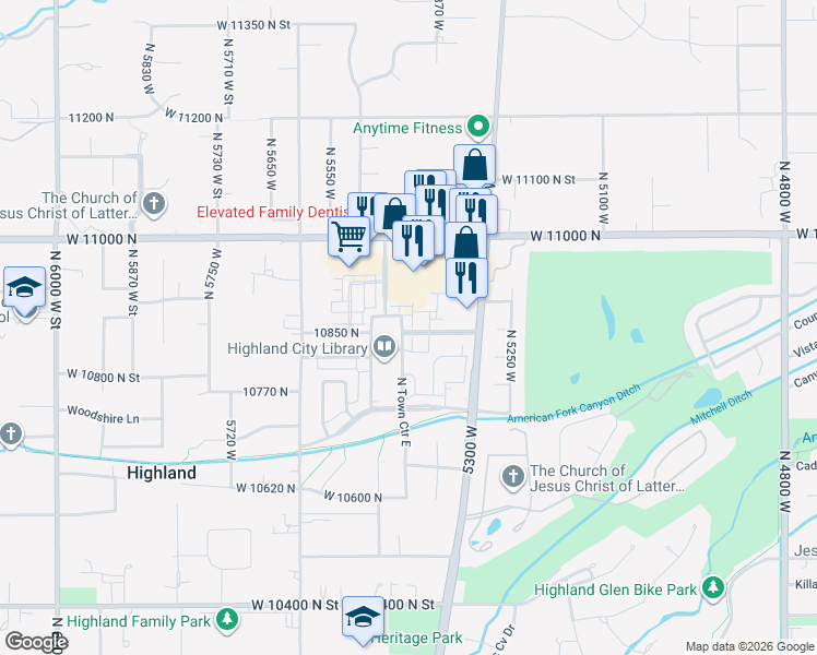 map of restaurants, bars, coffee shops, grocery stores, and more near 10857 North Marble Manor in Highland