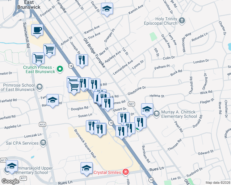 map of restaurants, bars, coffee shops, grocery stores, and more near 6 Rodney Road in East Brunswick