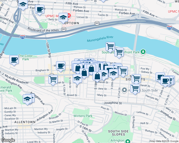 map of restaurants, bars, coffee shops, grocery stores, and more near 1711 Wrights Way in Pittsburgh