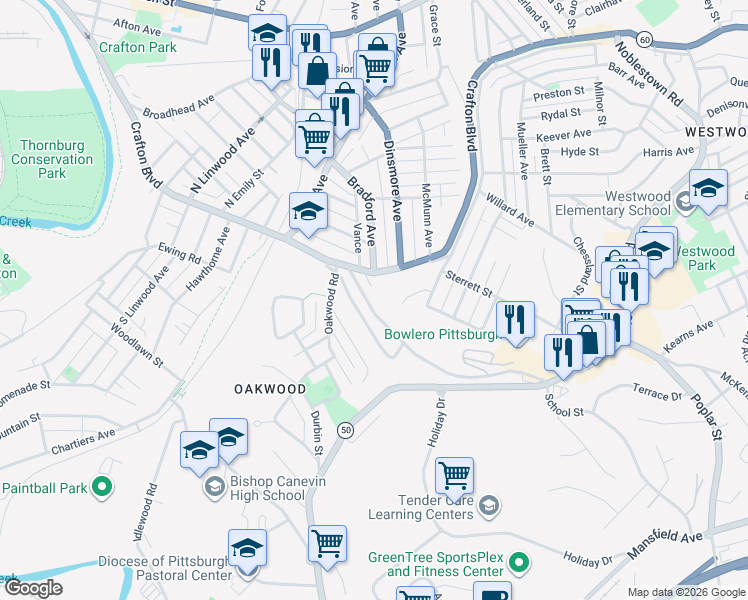 map of restaurants, bars, coffee shops, grocery stores, and more near 1765 Crafton Boulevard in Crafton