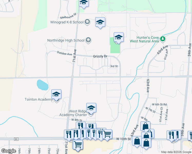 map of restaurants, bars, coffee shops, grocery stores, and more near 6860 West 4th Street in Greeley