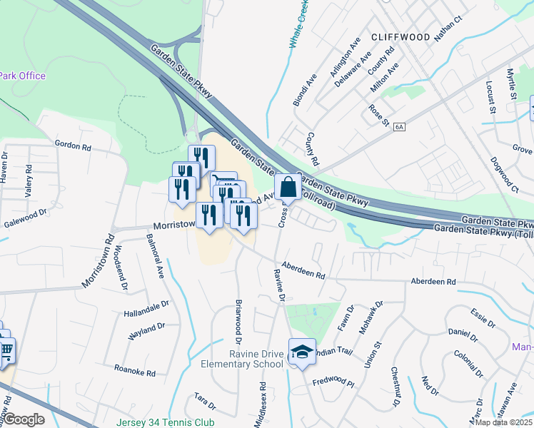 map of restaurants, bars, coffee shops, grocery stores, and more near 420 Cross Road in Matawan