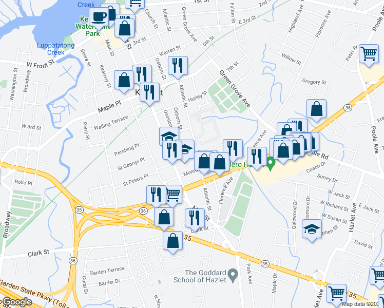 map of restaurants, bars, coffee shops, grocery stores, and more near 280 Atlantic Street in Keyport