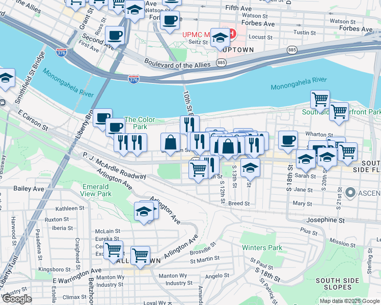 map of restaurants, bars, coffee shops, grocery stores, and more near 910 Bingham Street in Pittsburgh