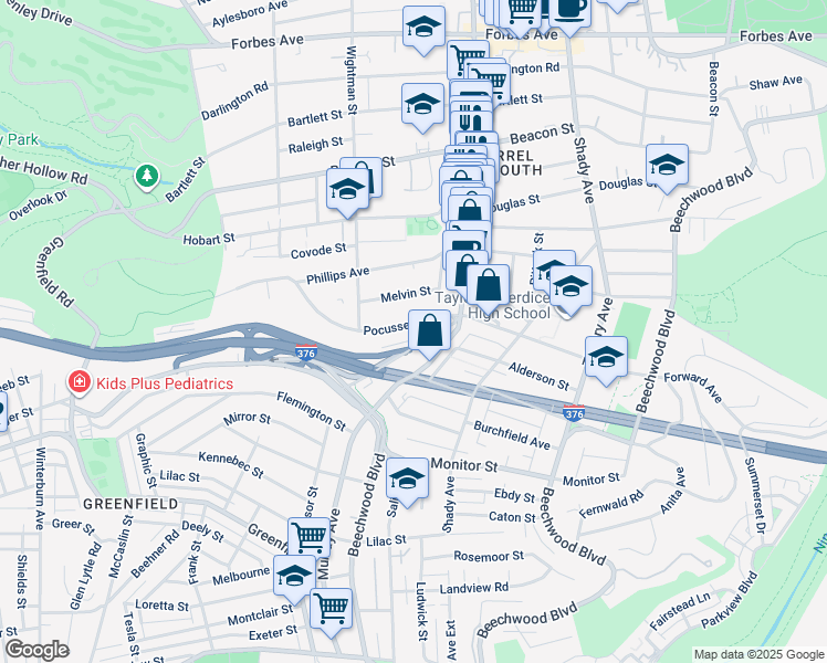 map of restaurants, bars, coffee shops, grocery stores, and more near 5639 Pocusset Street in Pittsburgh
