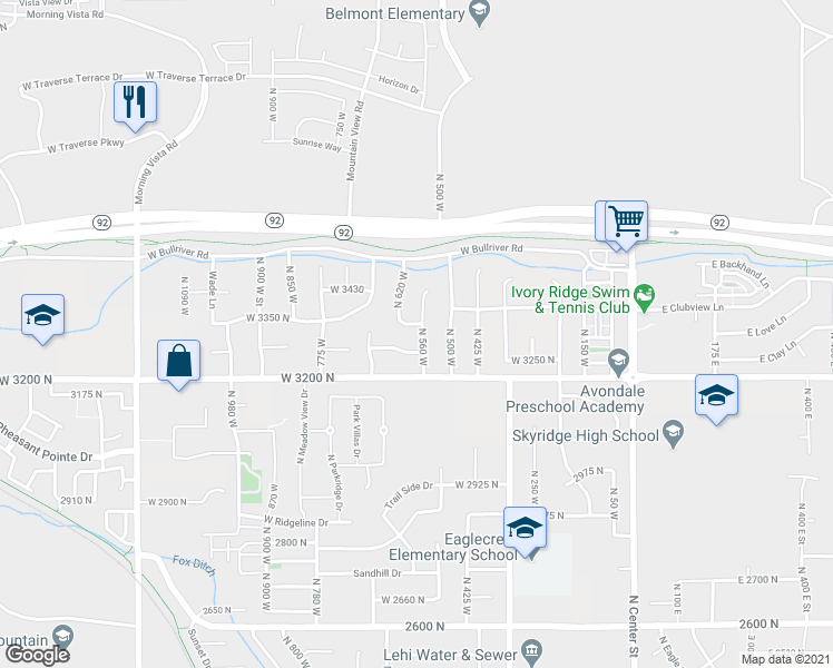 map of restaurants, bars, coffee shops, grocery stores, and more near 3319 North 560 West in Lehi
