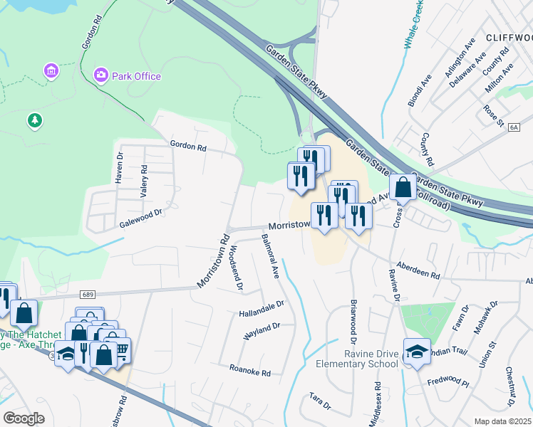 map of restaurants, bars, coffee shops, grocery stores, and more near 11 School House Lane in Matawan