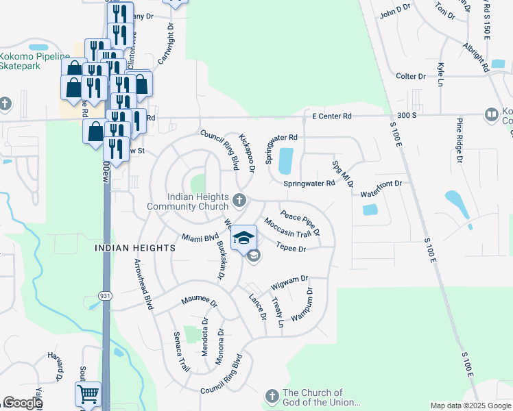 map of restaurants, bars, coffee shops, grocery stores, and more near 5213 Council Ring Boulevard in Kokomo