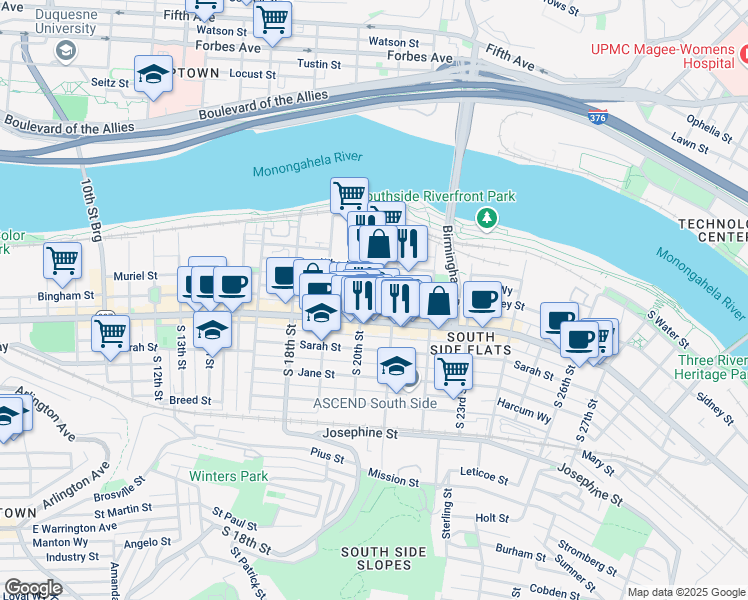 map of restaurants, bars, coffee shops, grocery stores, and more near 2012 Sidney Street in Pittsburgh