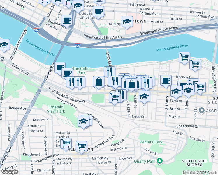 map of restaurants, bars, coffee shops, grocery stores, and more near 910 Bingham Street in Pittsburgh