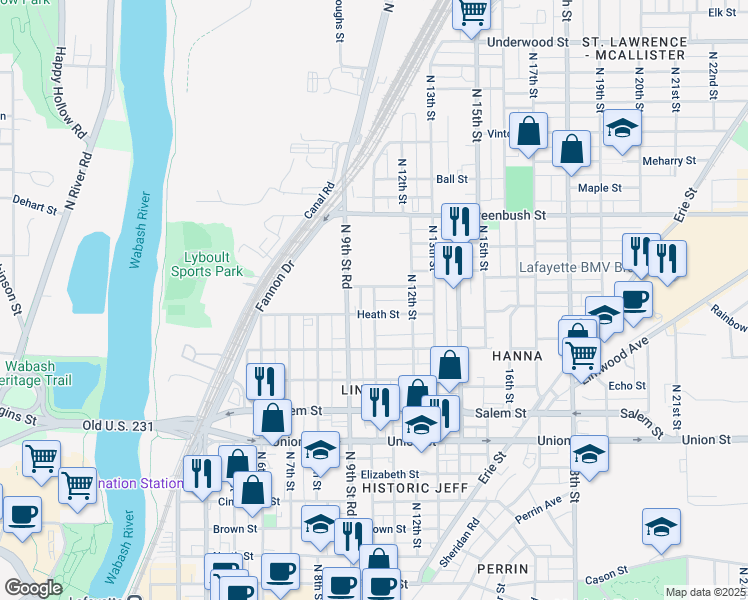 map of restaurants, bars, coffee shops, grocery stores, and more near 1250 North 10th Street in Lafayette