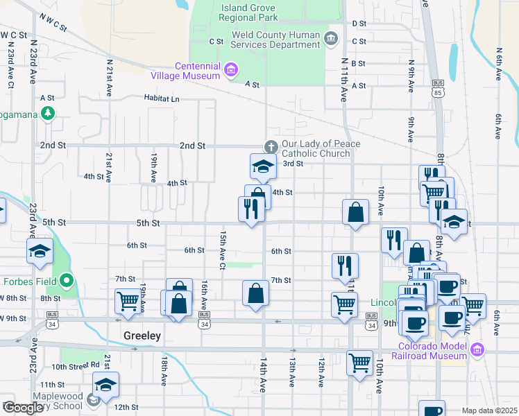 map of restaurants, bars, coffee shops, grocery stores, and more near 408 14th Avenue in Greeley