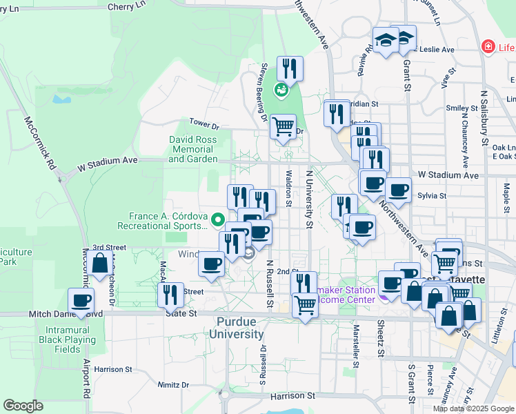 map of restaurants, bars, coffee shops, grocery stores, and more near Tarkington Drive in West Lafayette
